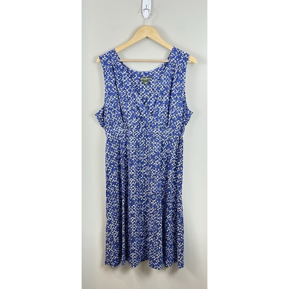 Eddie Bauer Dress 2XL Blue Floral Cross Front Cotton Midi Sleeveless Drawstring